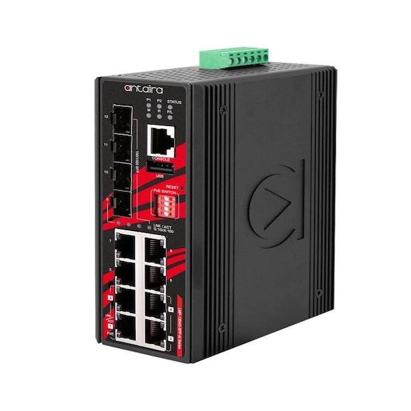 Antaira 12-Port Industrial Gigabit IEEE 802.3bt PoE+ Light Layer 3 Managed Ethernet Switch LMP-1204G-SFP-bt-T - main